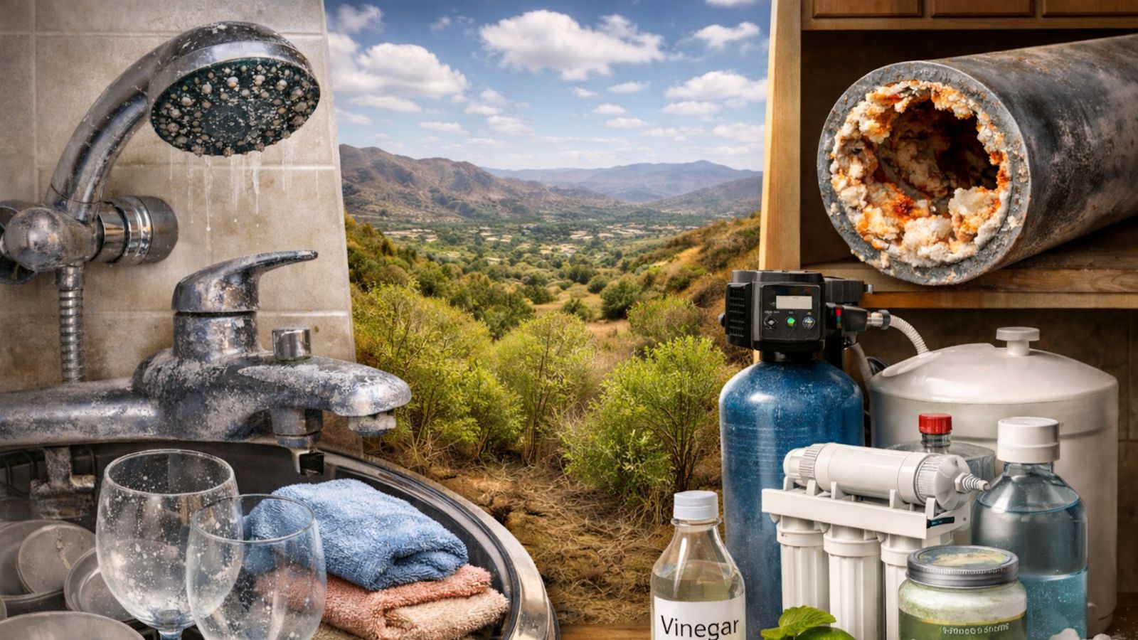 Hard water damage in a home showing limescale on fixtures, clogged pipe, and water softener system