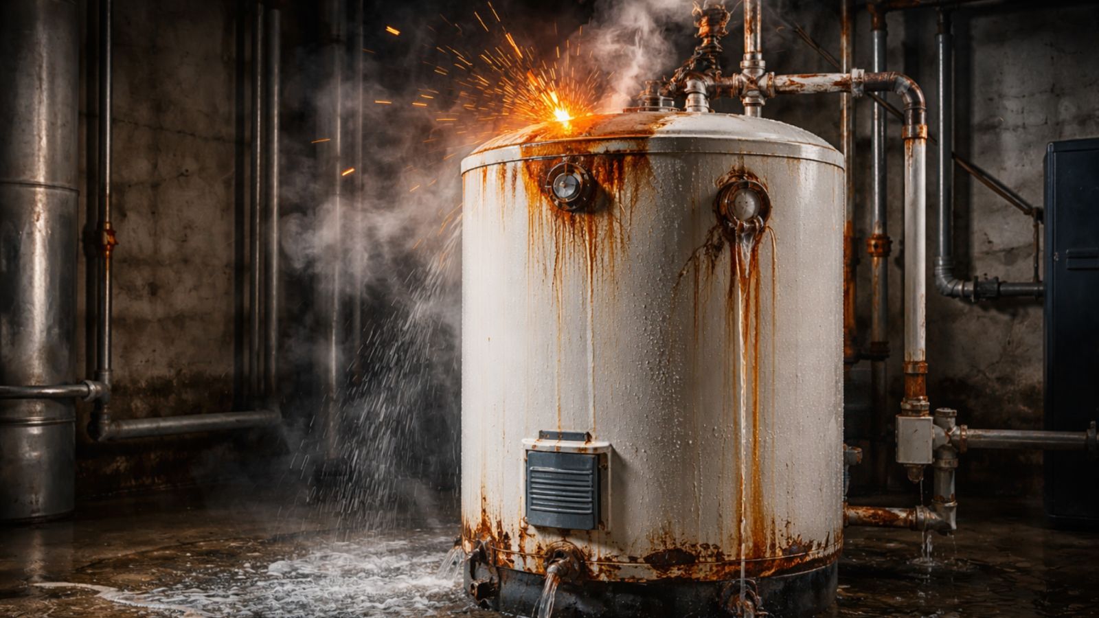 Rusty leaking water heater with steam and sparks showing explosion warning signs