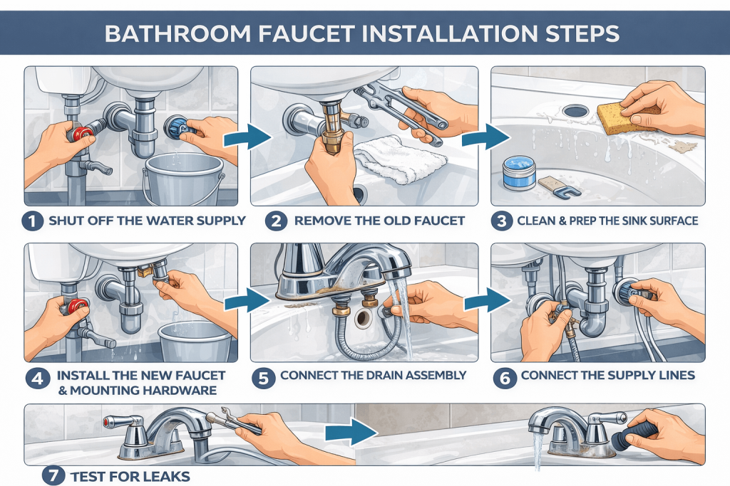 Bathroom faucet installation steps infographic.