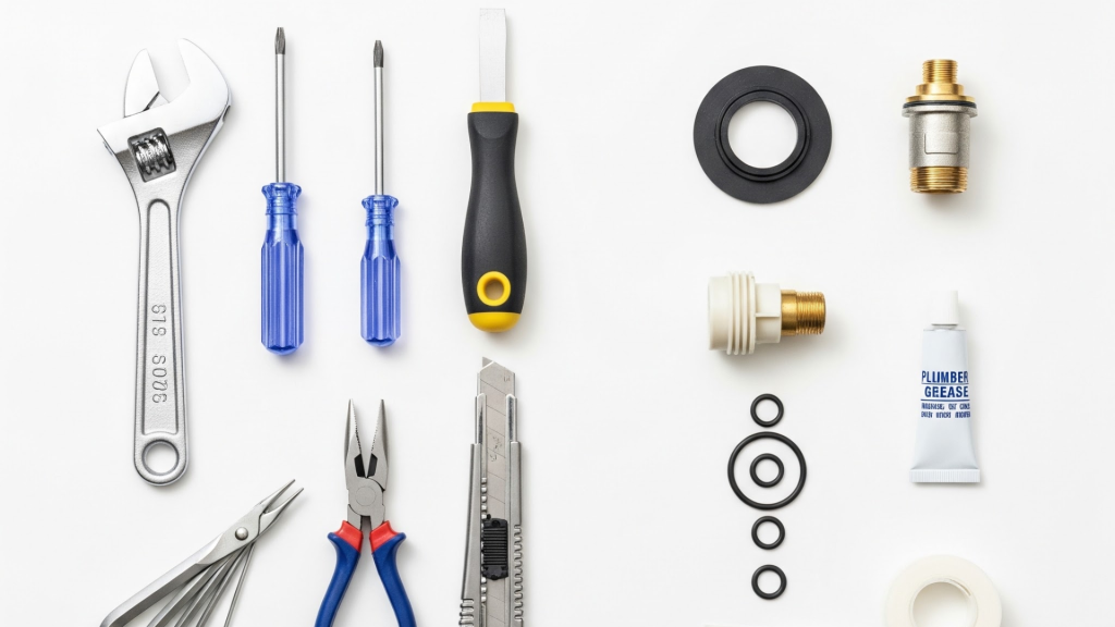 Essential faucet repair tools and parts: adjustable wrench, screwdrivers, pliers, utility knife, O-rings, plumbers grease, and replacement cartridge.