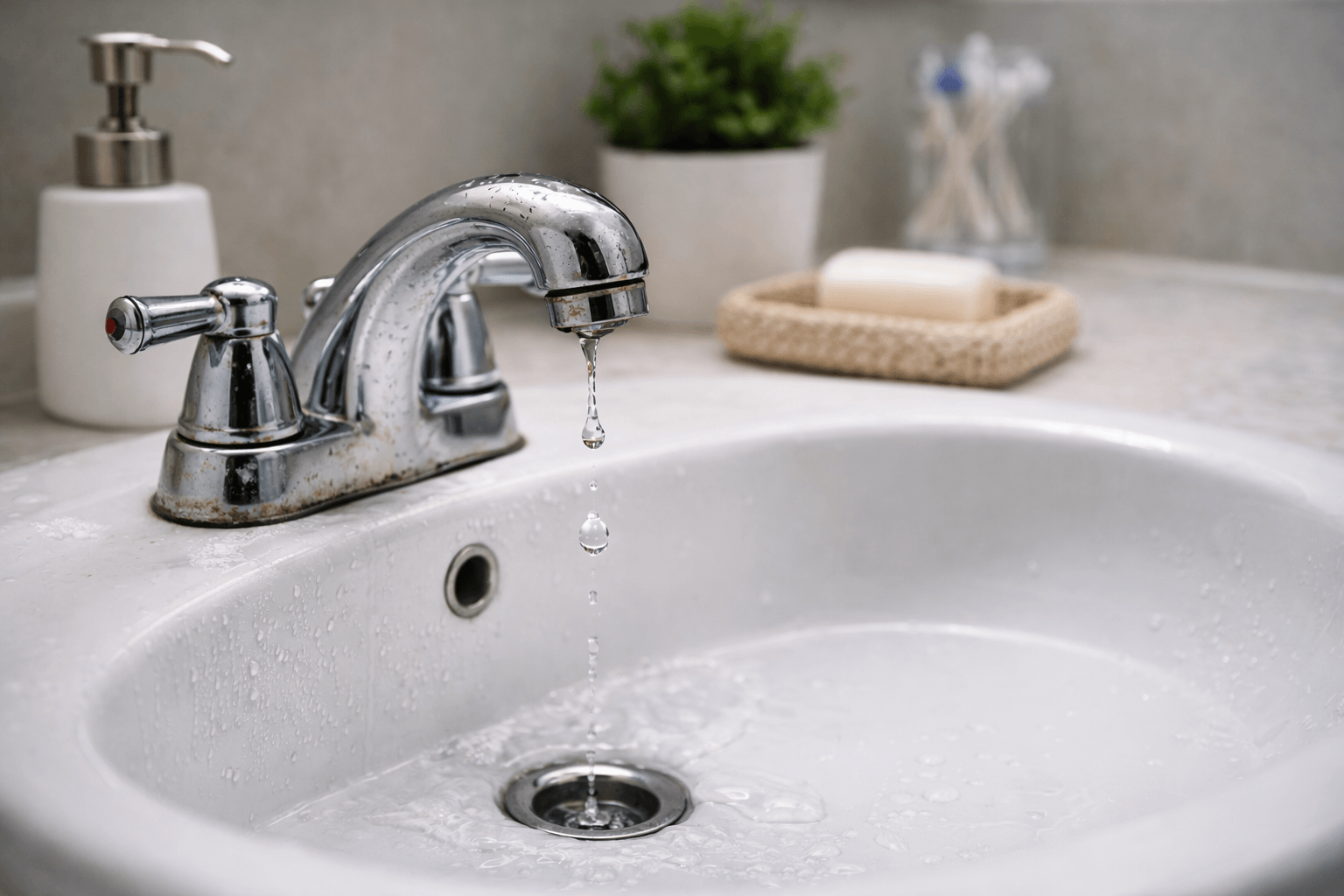 Leaking bathroom faucet dripping water into sink
