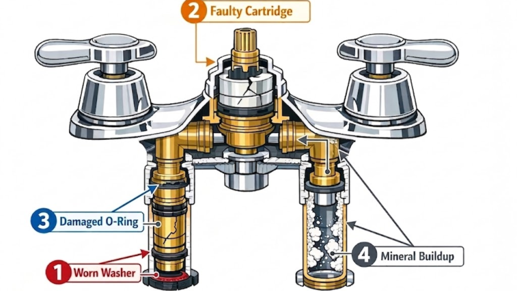 Diagram of common faucet leak causes including a worn washer, faulty cartridge, damaged O-ring, and mineral buildup.