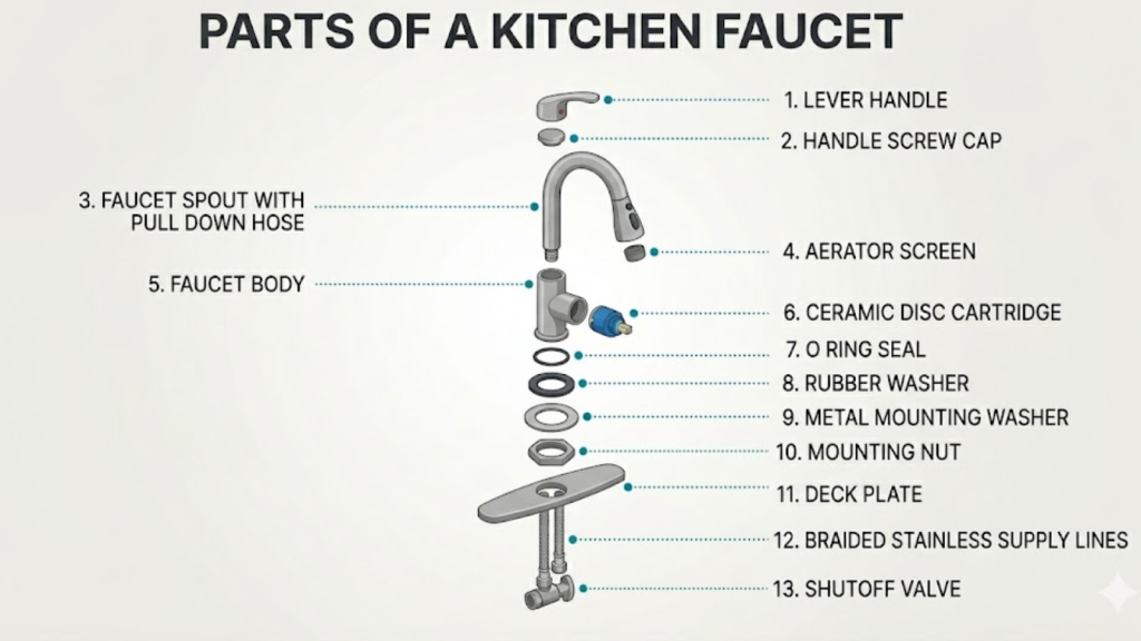 Diagram showing the parts of Kitchen Faucet
