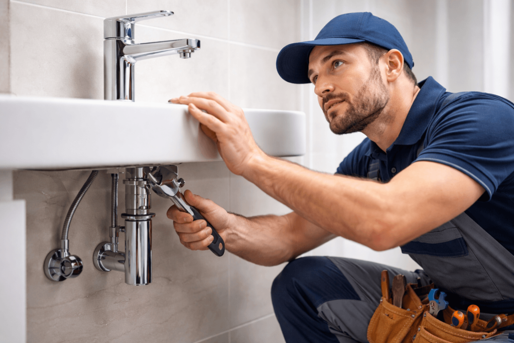 professional plumber installing bathroom faucet under sink