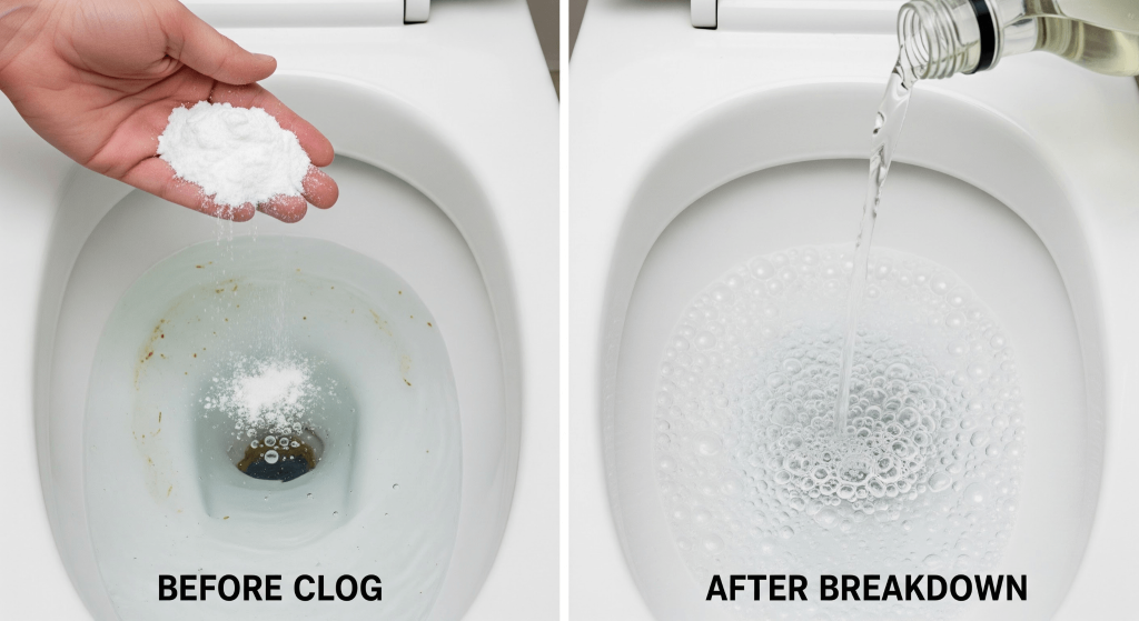 Unclogging a toilet with baking soda and vinegar chemical reaction.