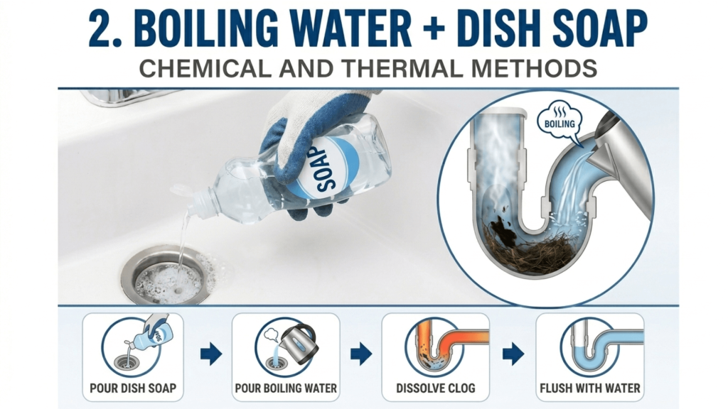 Boiling water + dish soap to Unclog A Severely Blocked Drain