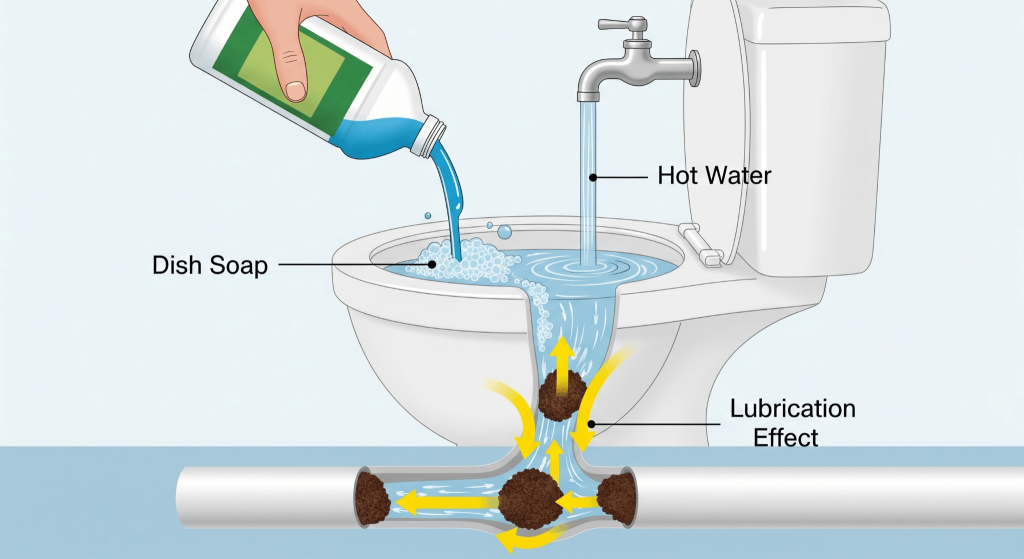 Diagram showing how dish soap and hot water work together to lubricate a clogged toilet drain, allowing the blockage to break apart and slide through the pipe.