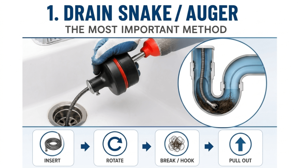 Drain snake/auger method to Unclog the Drain