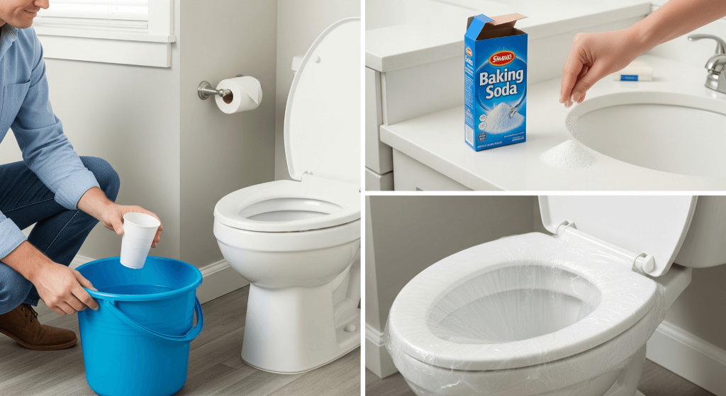 Three-panel graphic showing steps to handle a high water toilet clog: scooping water into a bucket, using baking soda, and sealing the rim with plastic wrap.