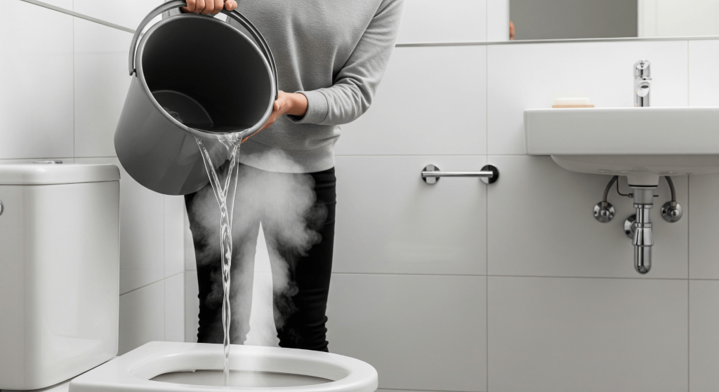 A person pouring steaming hot water from a grey bucket into a toilet bowl from waist height to clear a clog.