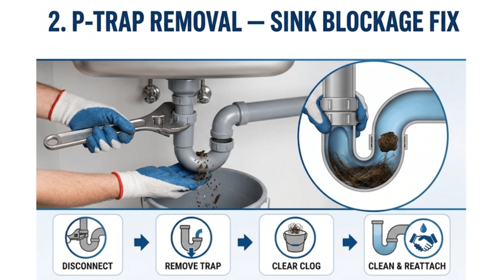 P-trap removal method or sink blockage fix