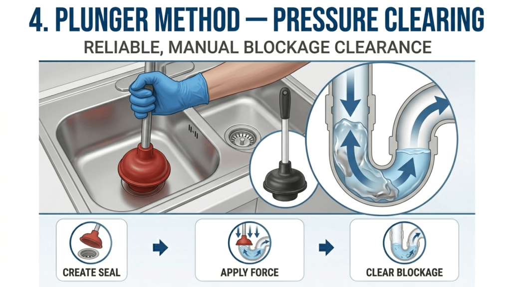 Plunger method — pressure clearing to Unclog a severely blocked drain
