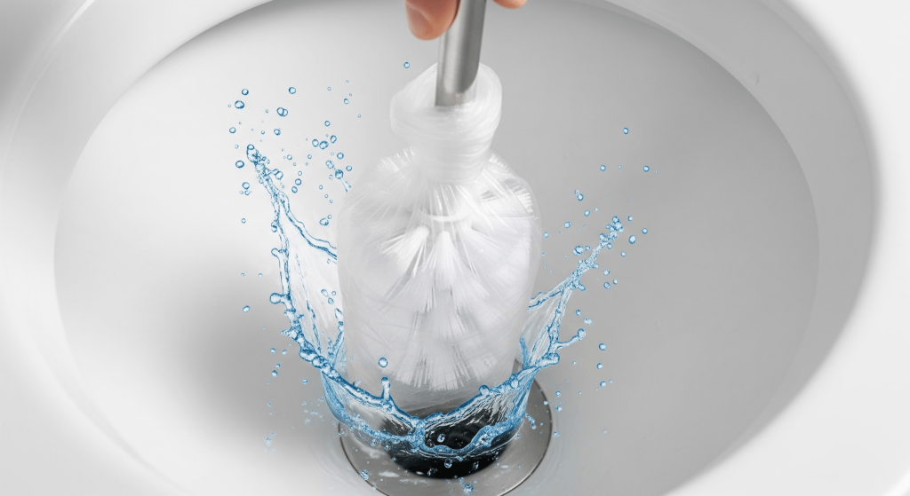 A toilet brush wrapped in a plastic bag being plunged into a toilet drain, causing a water splash.