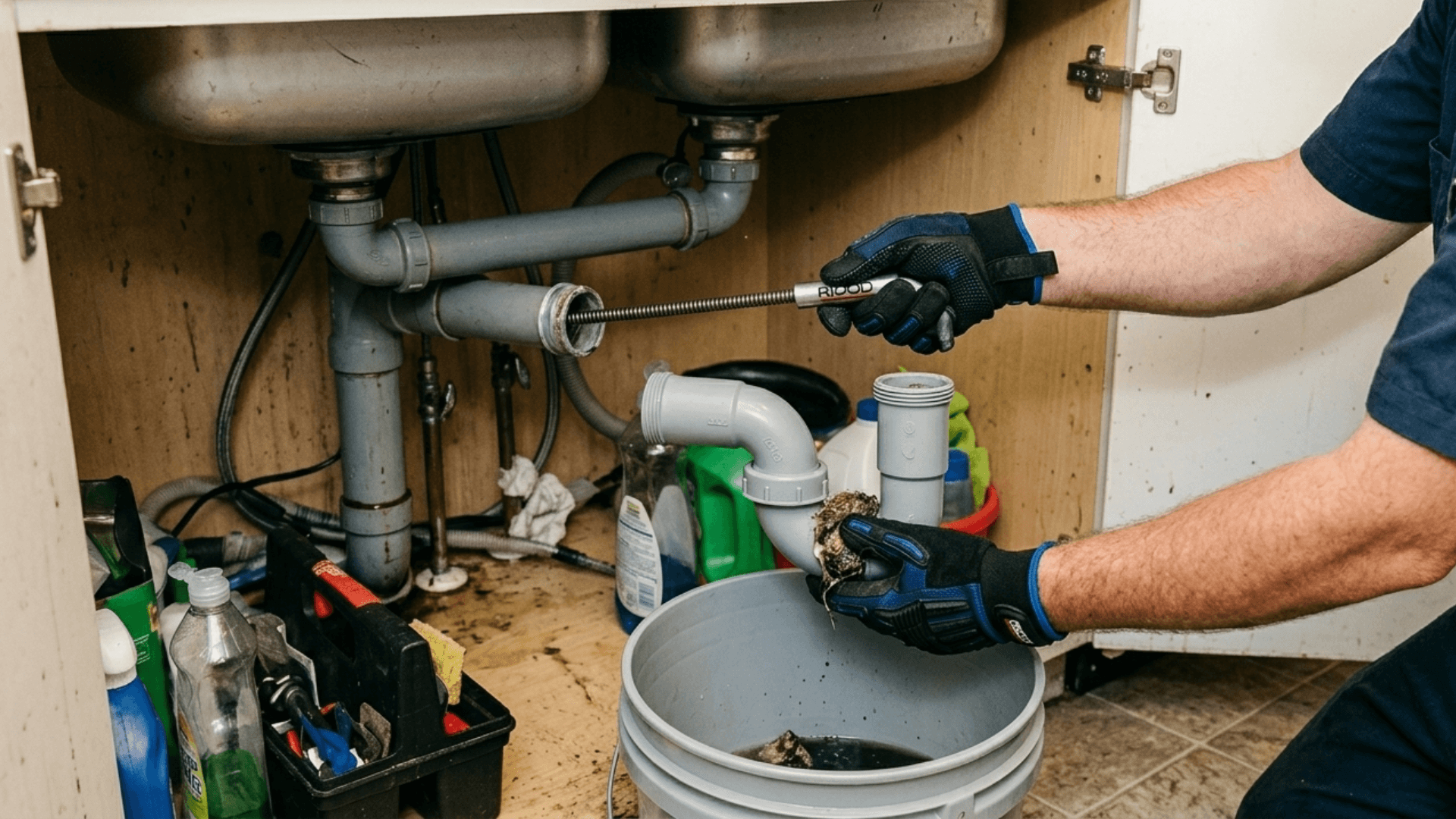 A plumber cleaning the severely clogged drain