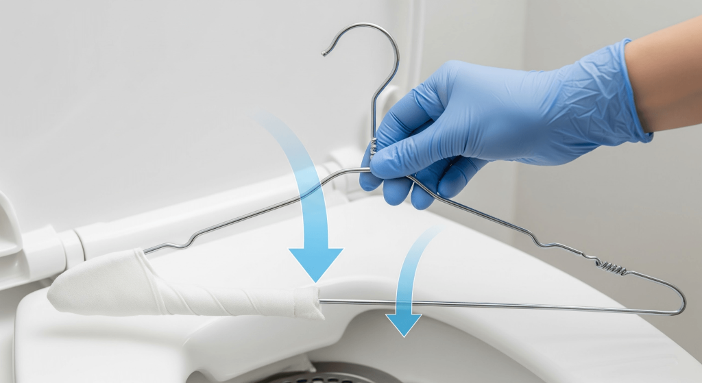A gloved hand holding a wire coat hanger wrapped in a white cloth to clear a toilet clog.