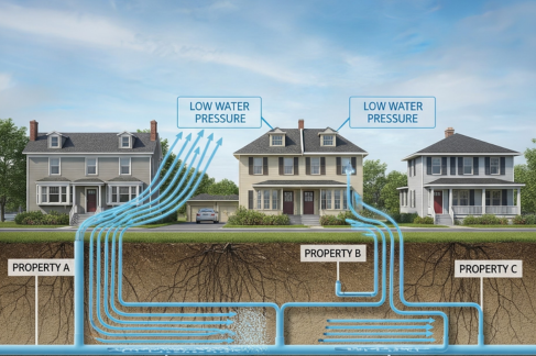 Shared water line reducing water pressure between neighboring homes