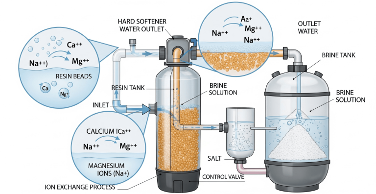 Diagram explaining how a water softener works using an ion exchange process to remove calcium and magnesium minerals from hard water.