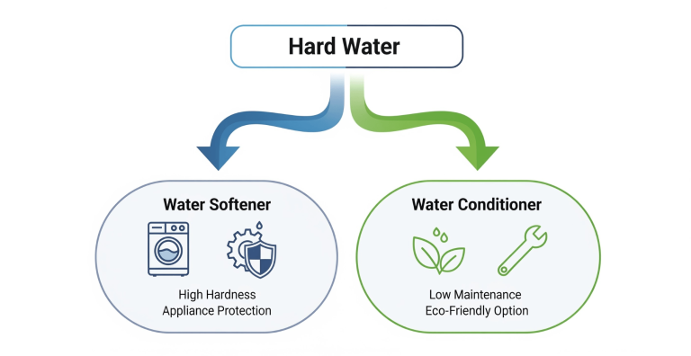Decision chart comparing when to choose a water softener for high hardness and appliance protection versus a water conditioner for low maintenance and eco-friendly benefits.