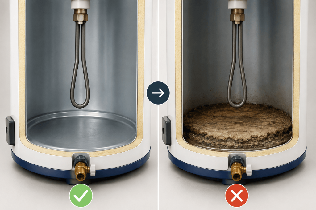 Side-by-side cutaway comparison showing a clean water heater tank on the left with a green checkmark, and a water heater tank with heavy sediment buildup on the right with a red X.