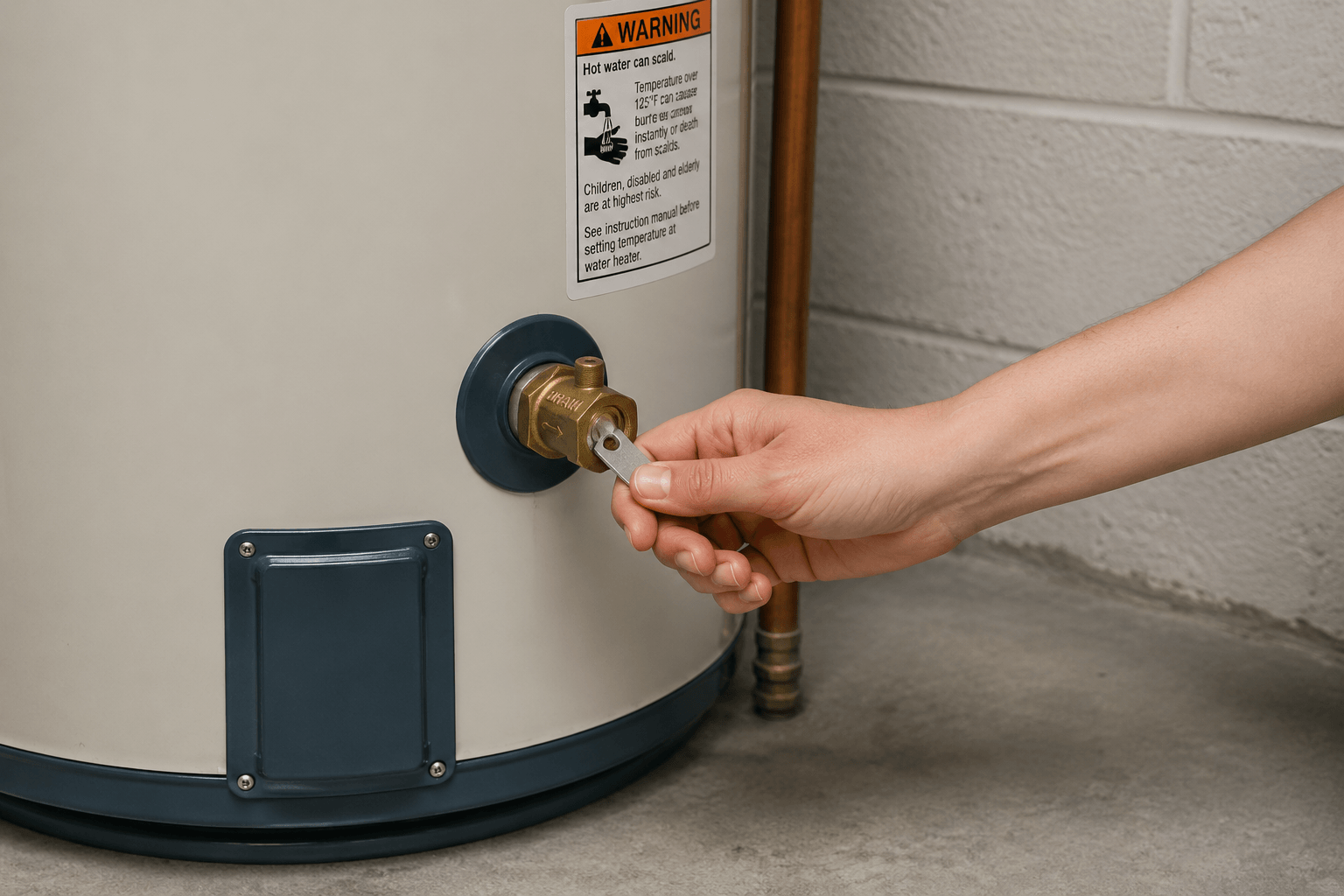 Hand draining a hot water heater using a valve wrench for safe maintenance