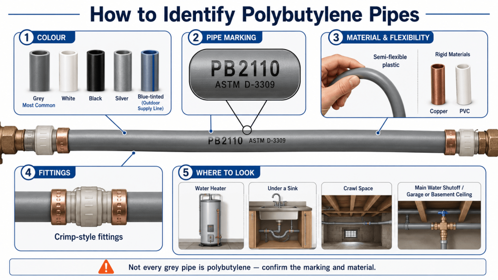 Polybutylene pipe identification guide showing color, PB2110 markings, flexibility, fittings, and common locations in a home
