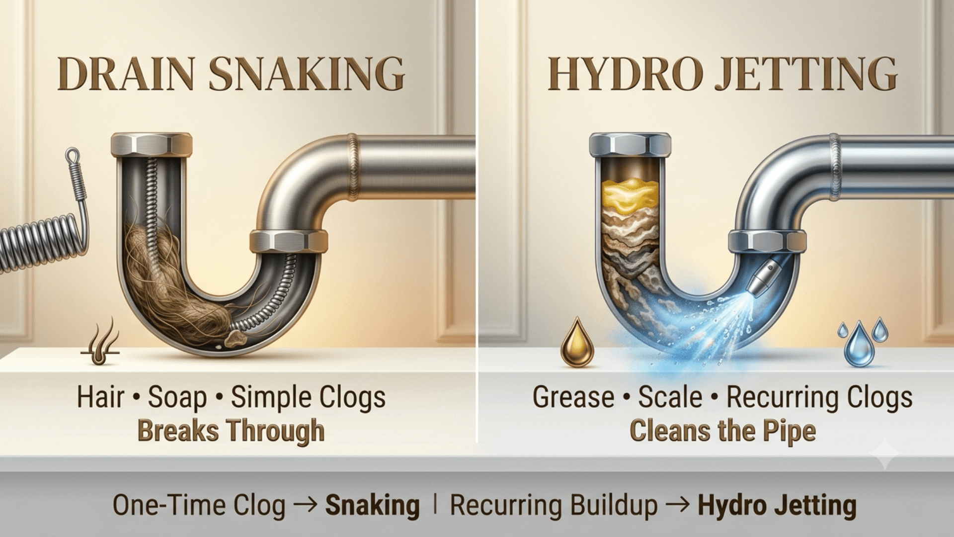 Hydro jetting vs drain snaking comparison showing how drain snaking removes simple clogs like hair and soap, while hydro jetting clears grease, scale, and recurring buildup.