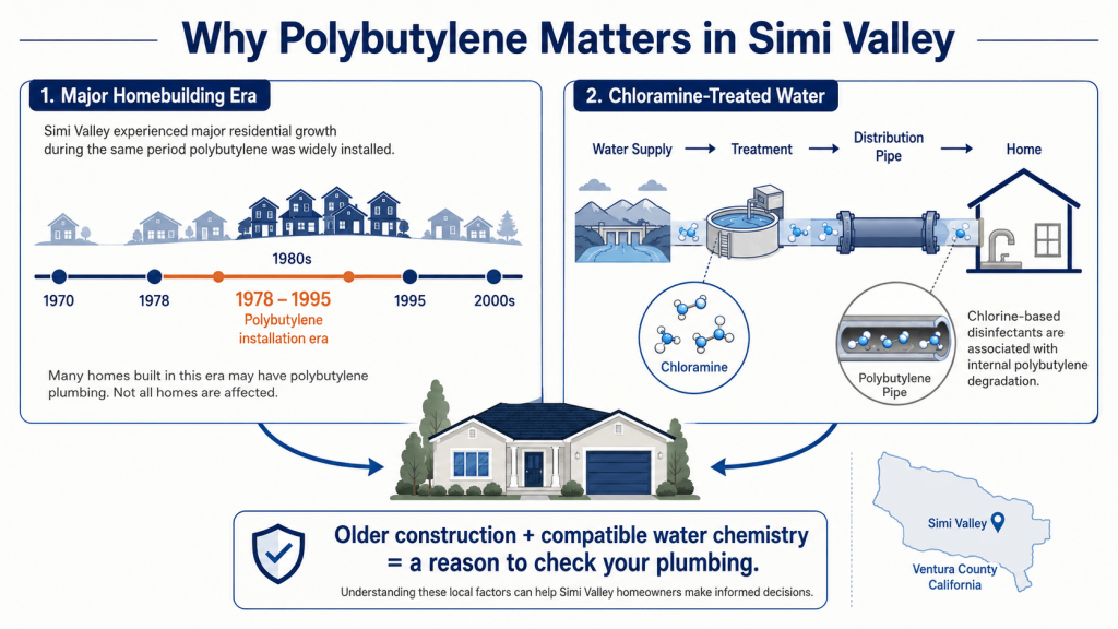 Infographic explaining why polybutylene plumbing matters in Simi Valley, highlighting local 1978–1995 homebuilding eras and chloramine-treated water.