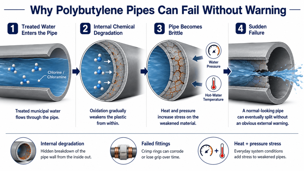 Infographic showing the four steps of polybutylene pipe failure, from chemical degradation to sudden rupture.
